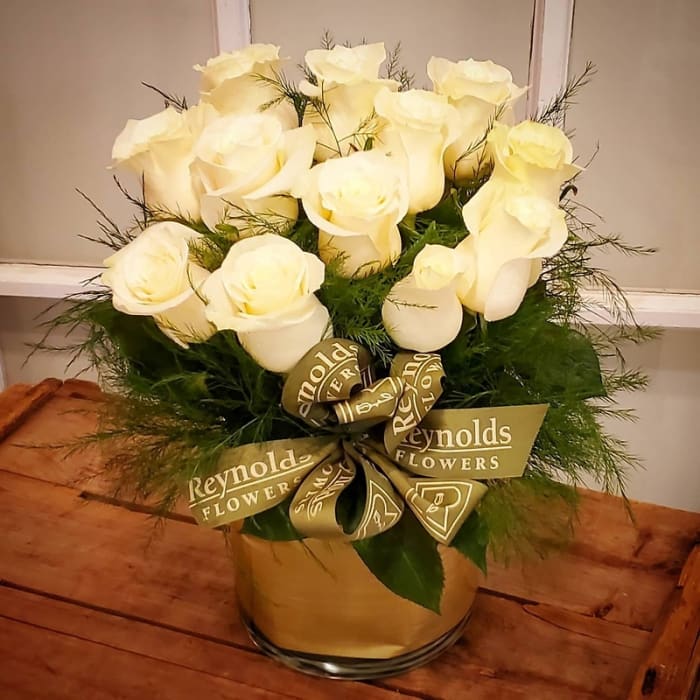 Dozen White Roses, Gold Compact Cylinder