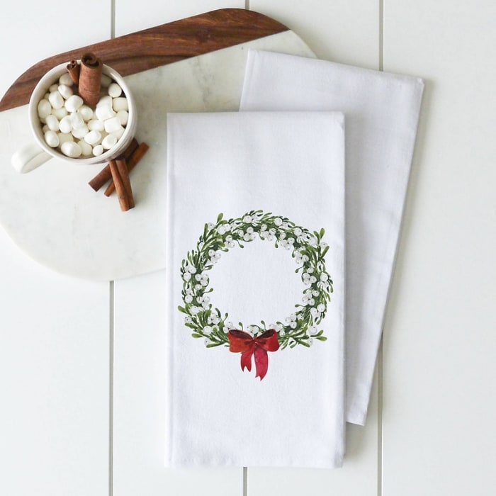 Red Bow Wreath Tea Towel | 100% White Cotton #TT3361W