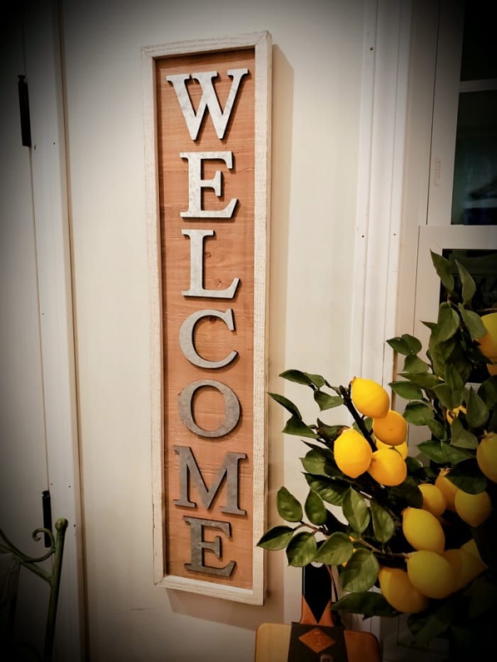 Welcome Sign, Metal Letters on Wood