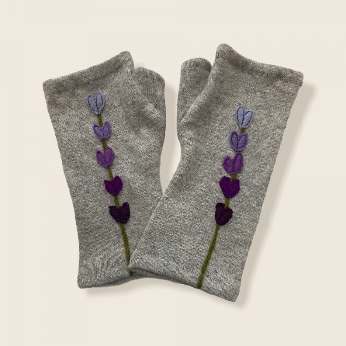 Fingerless Cashmere Gloves-Lupine, Purple on Grey