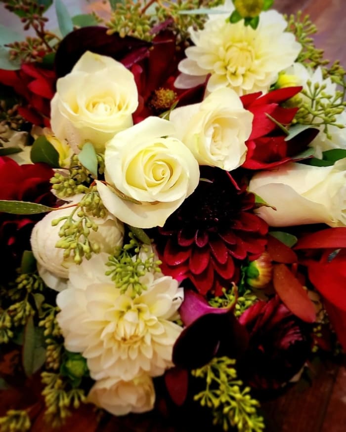 Burgundy Calla, Dahlia, Ranunculus & Leucadendron Bridal