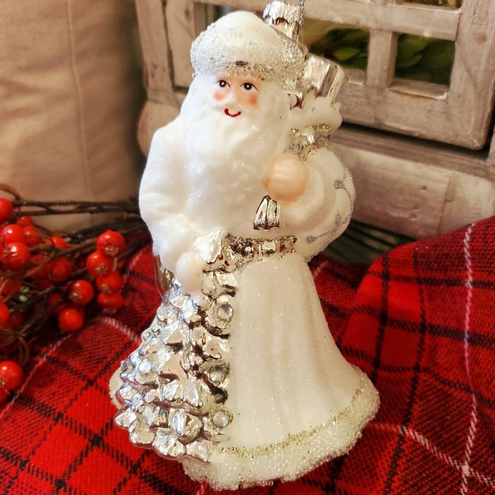 Silver and White Glass Santa Ornament