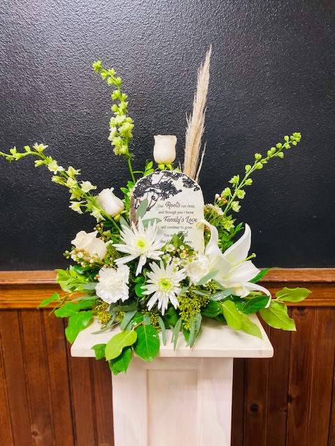 Sympathy Arrangement with keepsake (keepsake can vary)