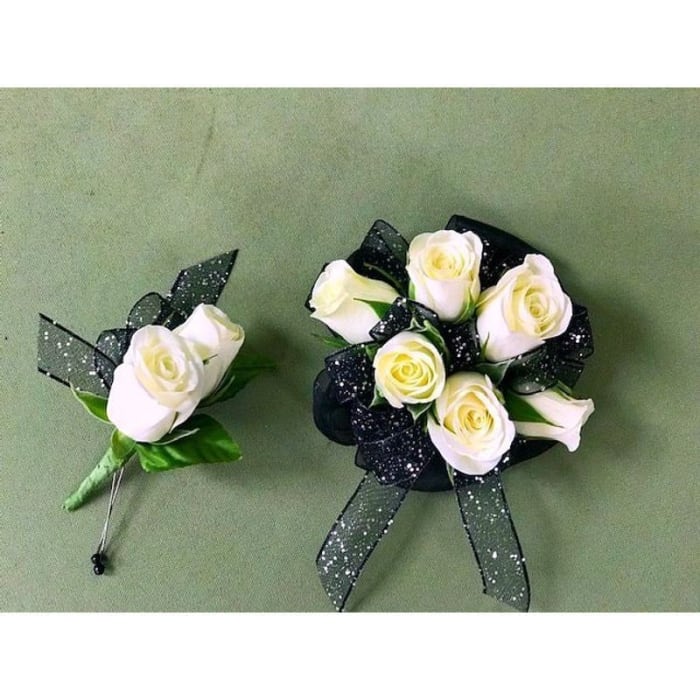 Small White and Black Corsage and Boutonniere Only for Pick-Up