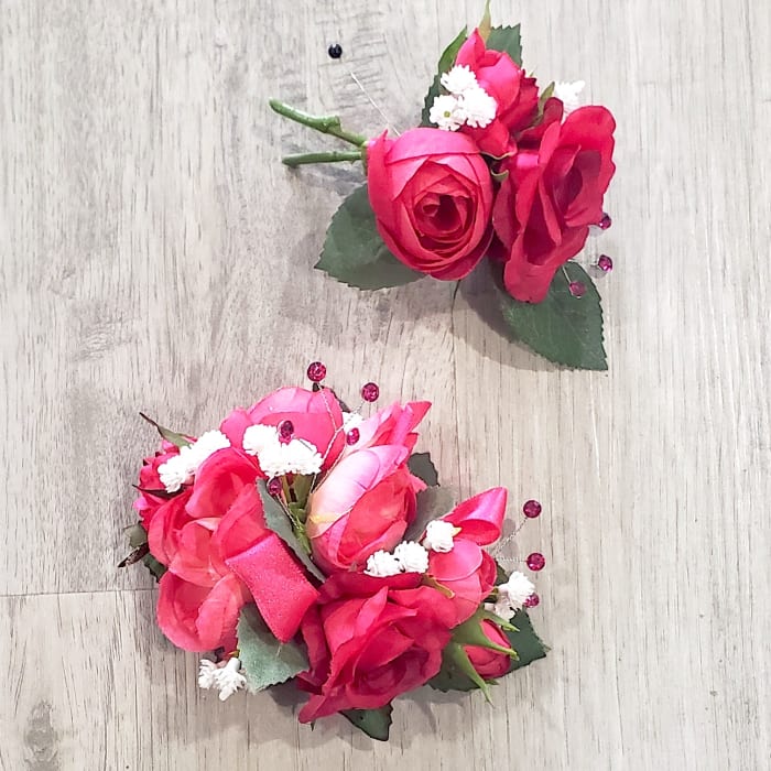 Silk Raspberry Ranunculus Prom wrist Corsage and boutonniere