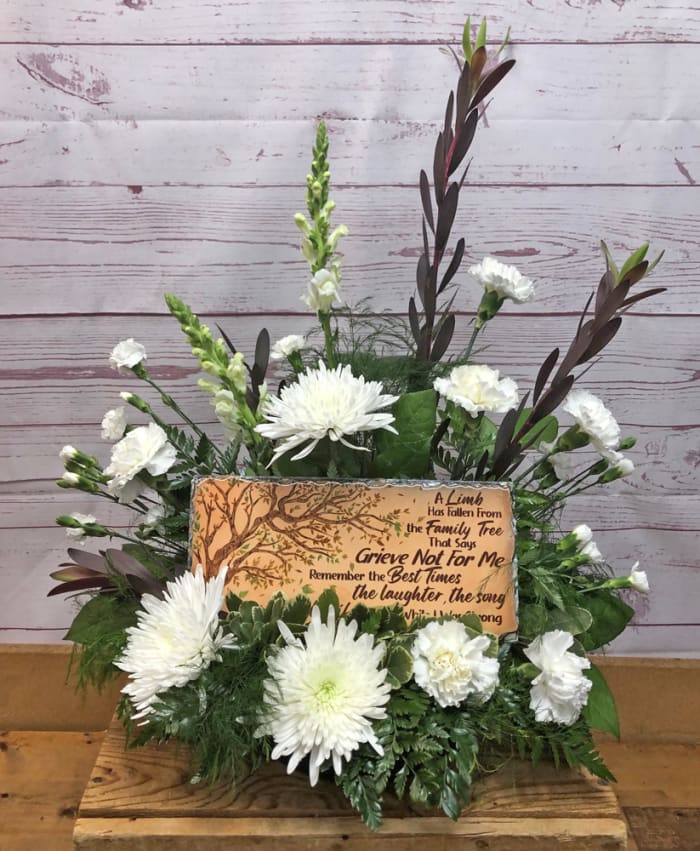 Fresh Floral Arrangement With Family Tree Memorial Slate