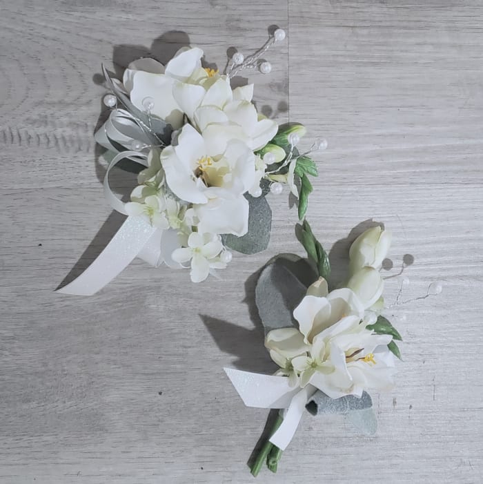 Silk White Freesia Prom Corsage and Boutonniere Set