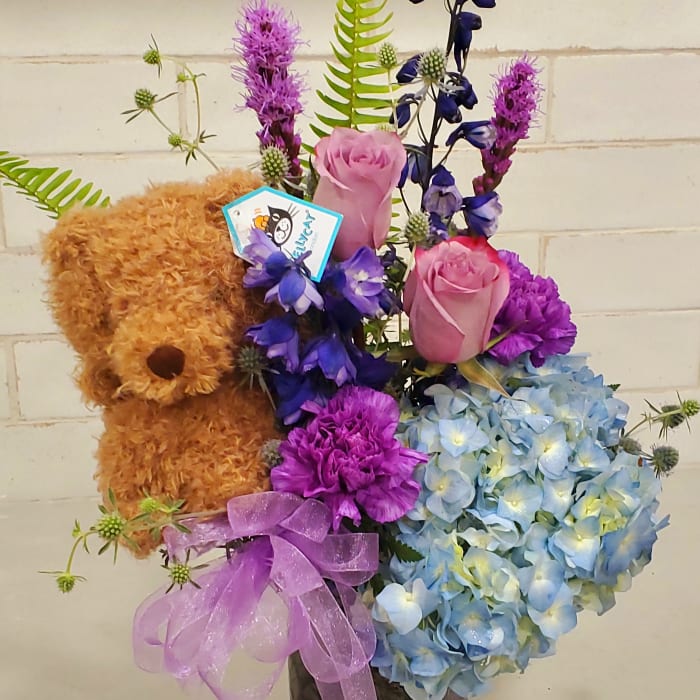 Big Hug Vase of Purples with Plush Stuffie