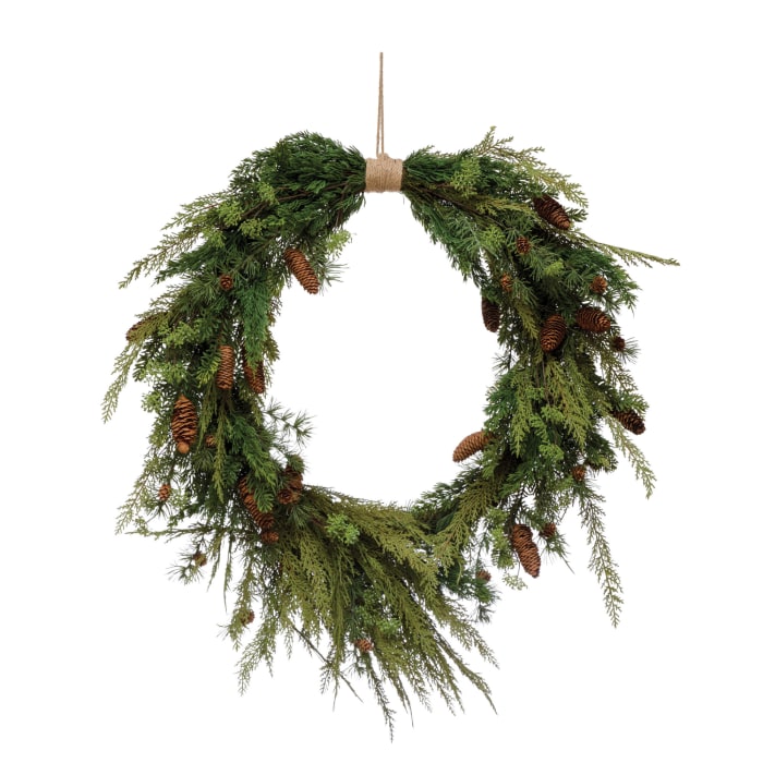 Faux pine wreath with pinecones & jute