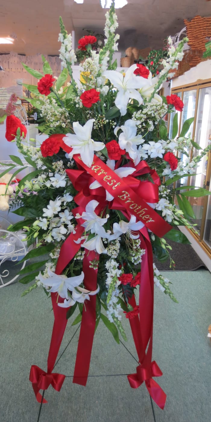 Adoring Heart Orchids and Lilies Standing Spray