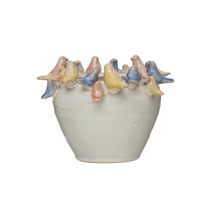 Stoneware Planter with Birds on Rim