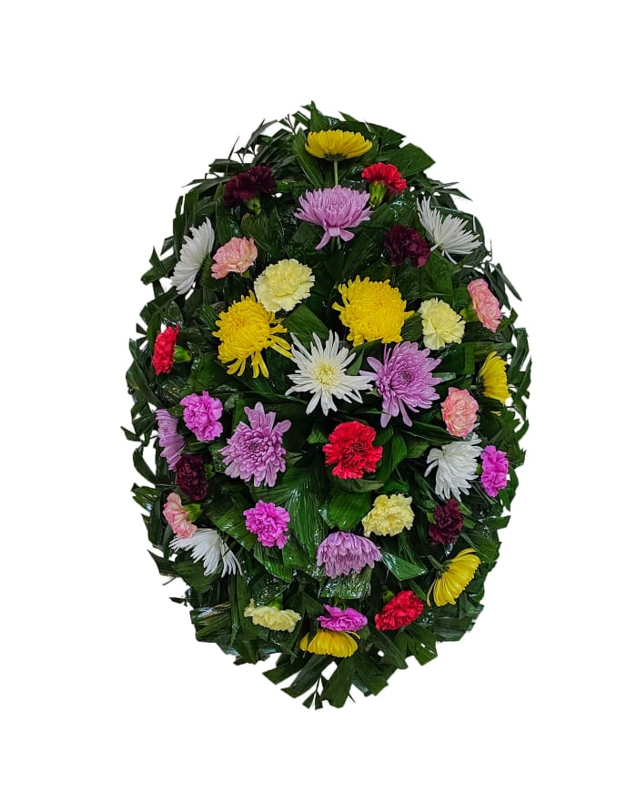 C-6 Corona de spiders, claveles y crisantemos con cinta impresa