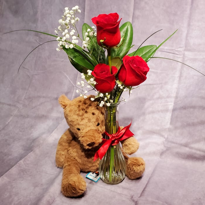 3 ROSE VASE and TEDDY