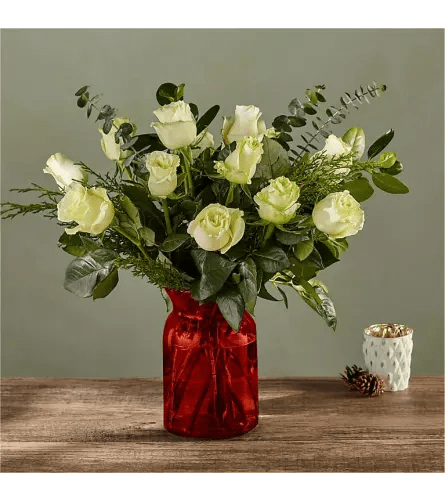 White Holiday Rose Bouquet with Red Vase FTD