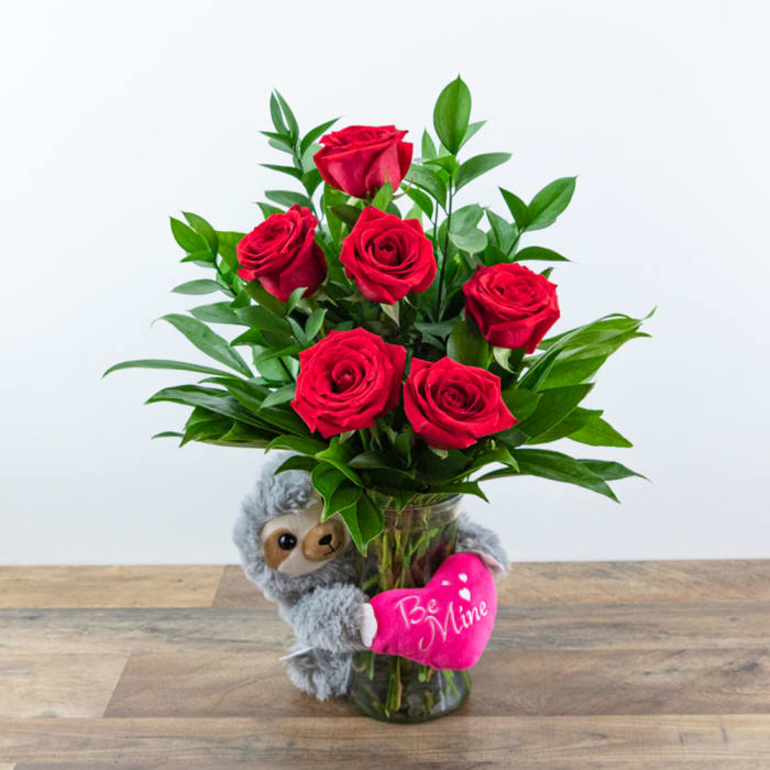 Be Mine Classic Six Red Roses with Sloth
