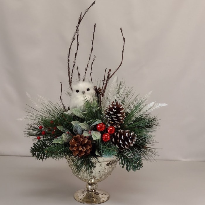 White Owl Christmas Silk Centerpiece