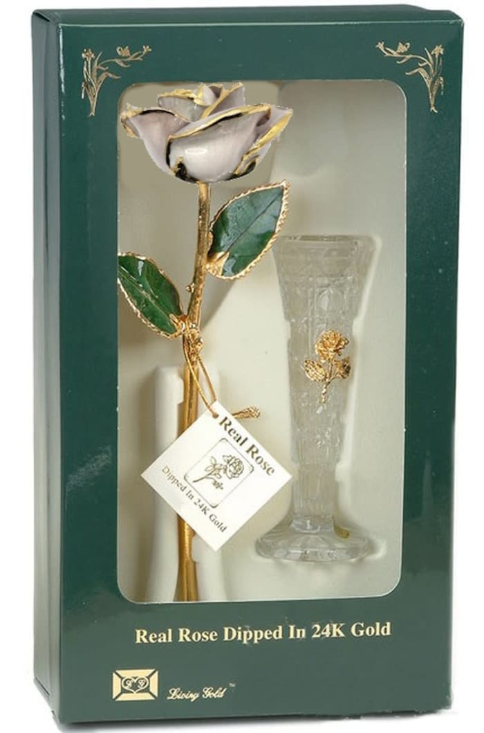 Pearl White Rose Trimmed in 24K Gold W/Vase