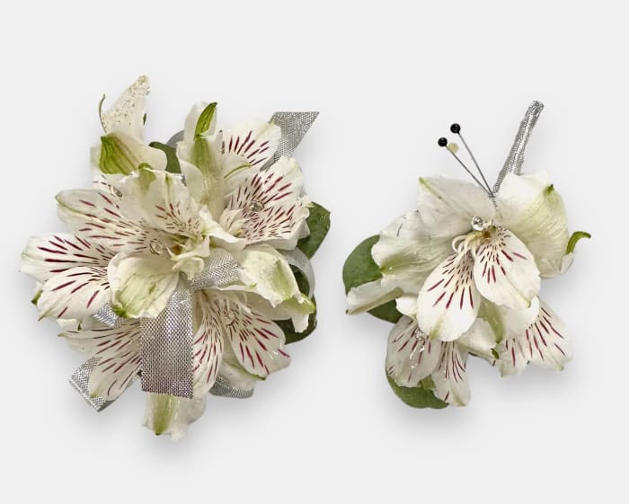 Timeless White Blossoms Wristlet and Boutonniere Set