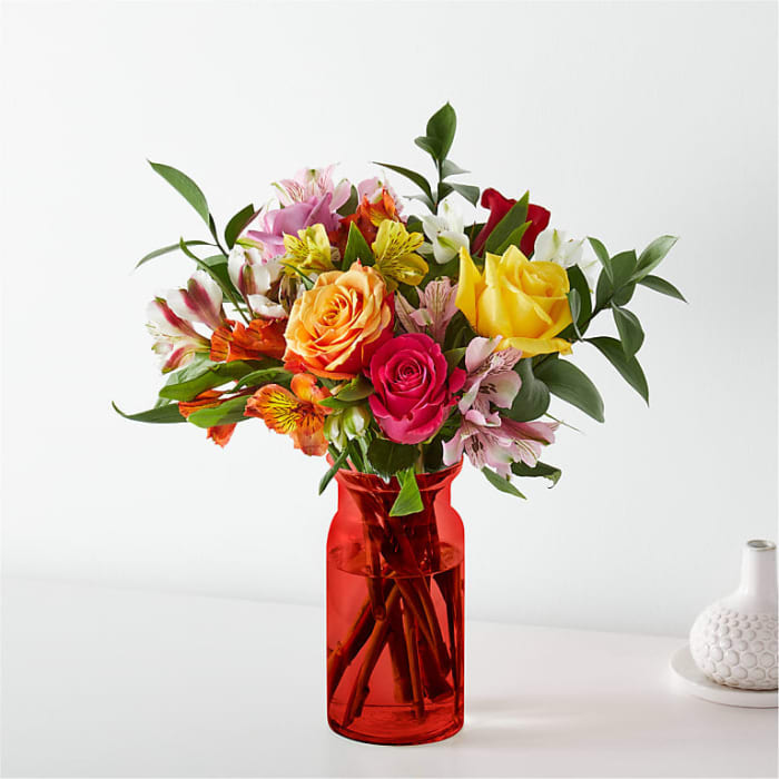 Smiles & Sunshine Bouquet with Red Vase