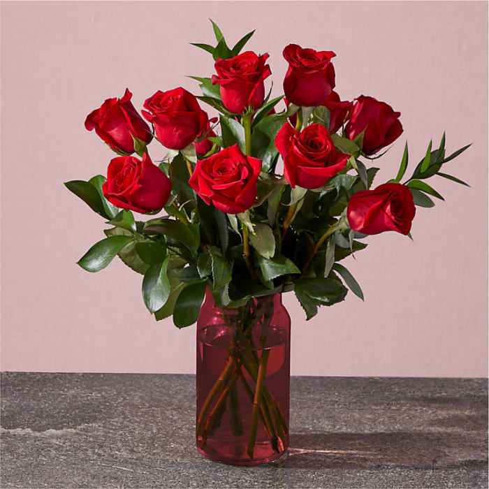 Red Rose Bouquet with Red Vase