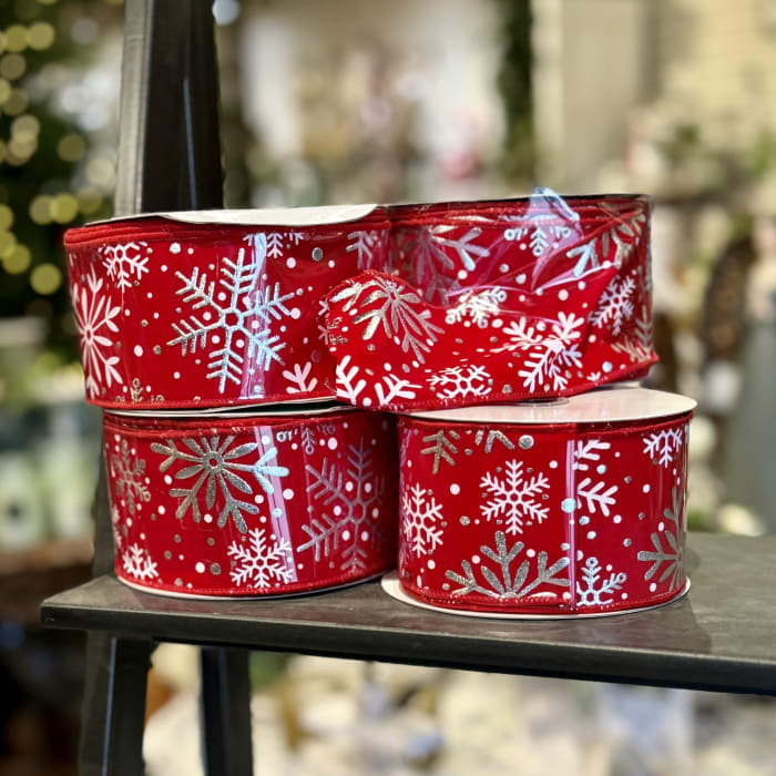 10 yd Red Holiday Ribbon with Snowflakes