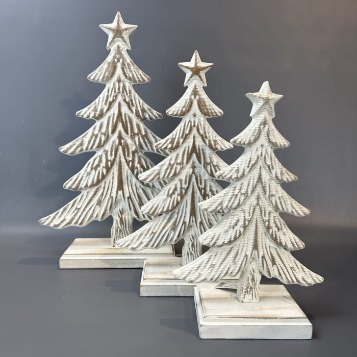 17.5" WHITEWASH CARVED WOOD TREES