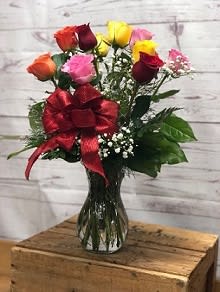Mixed Color Roses in Clear Vase