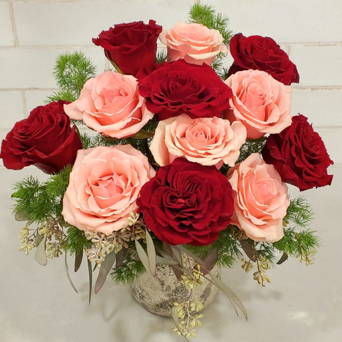 Dozen Pink and Red Roses Vased