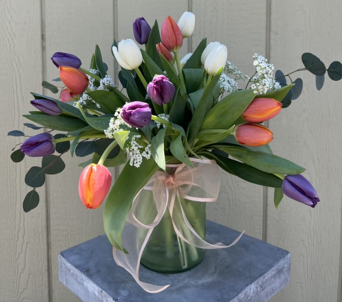 Parrot & Double Tulips arranged in vase
