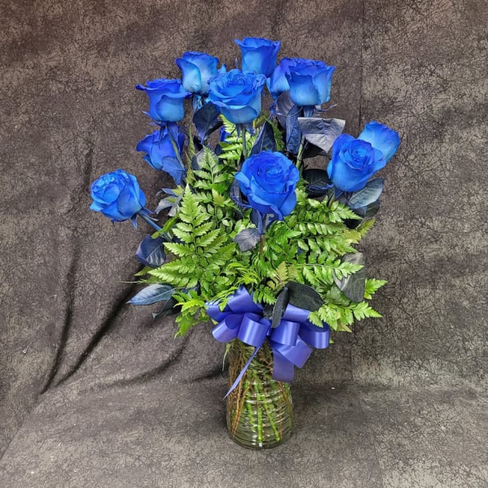 RACBLUE12VD - 12 BLUE LONG STEM ROSES ARRANGED - VALENTINES