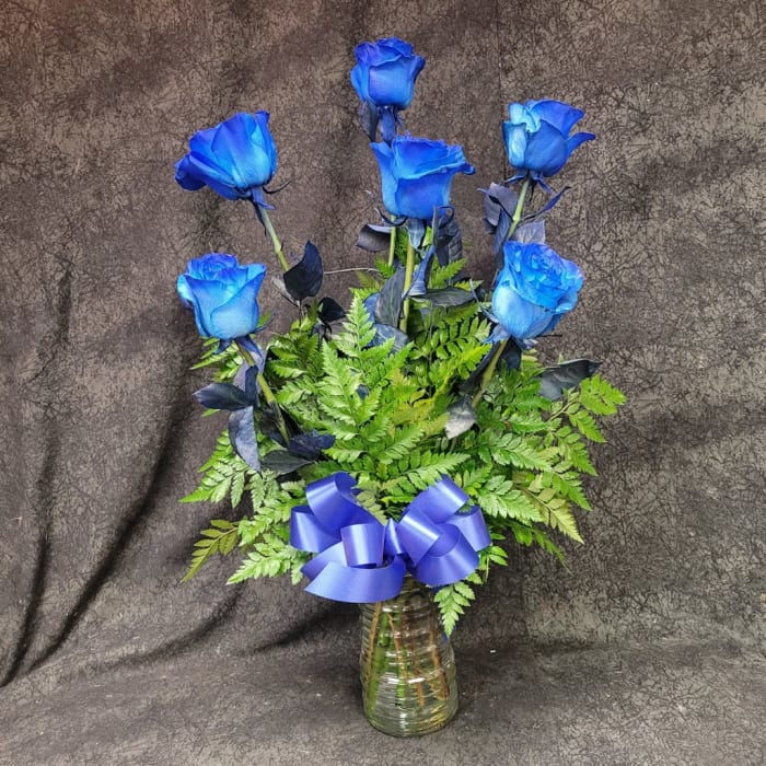 RACBLUE6VD - 6 BLUE LONG STEM ROSES ARRANGED - VALENTINES