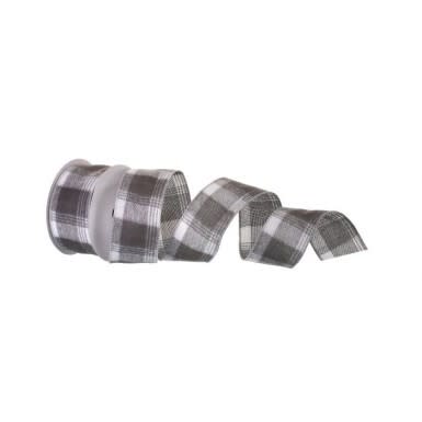 GREY FLANNEL PLAID WIRED RIBBON 2.5" x 10 yds