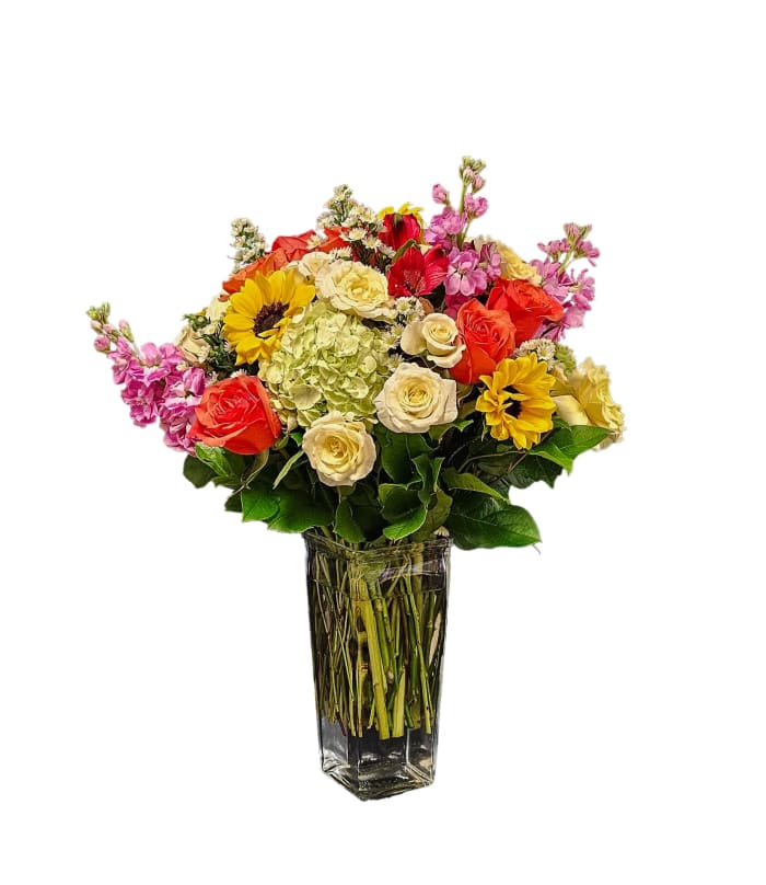 M-5 Arreglo primaveral de hortensias, statice, spray roses, alstroemerias, claveles, girasoles y rosas