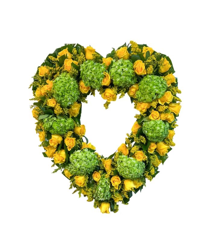 C-29 Corona en forma de corazón de rosas y hortensias con cinta impresa
