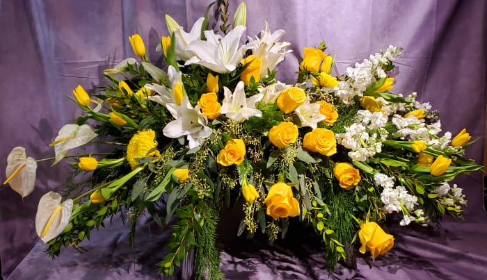 Sweet Casket Spray with Yellow and White Roses, Tulips and Lilies