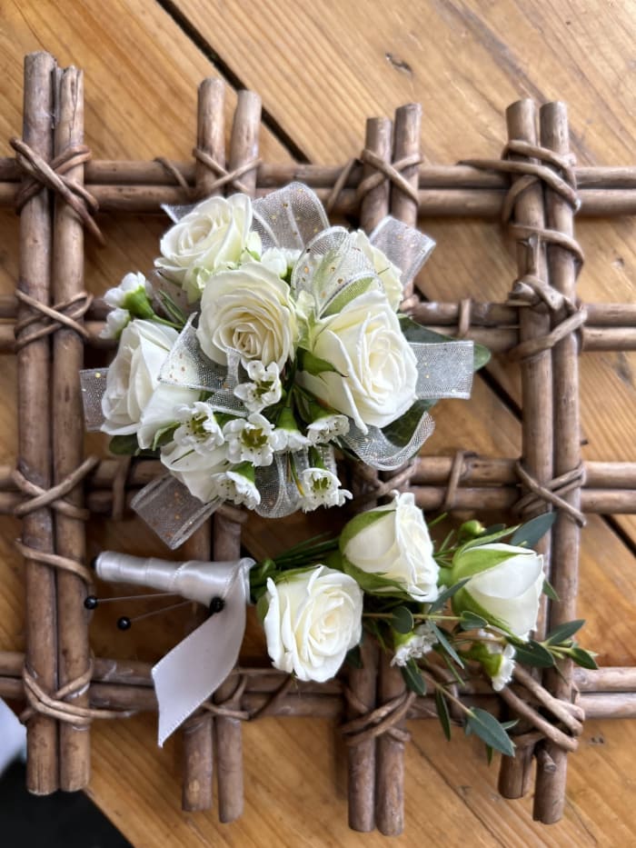 White Spray Rose Corsage Boutonniere Set