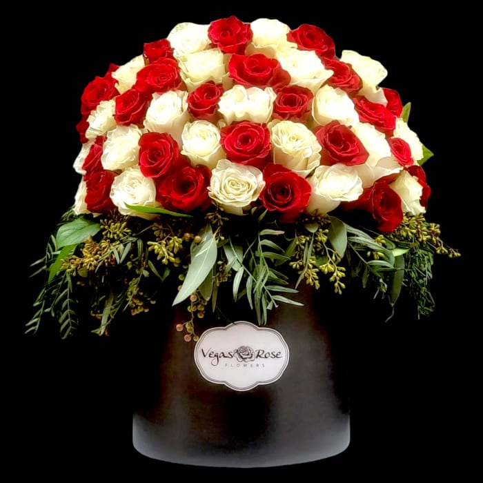 RED & WHITE ROSE IN ANY WIDE BOX