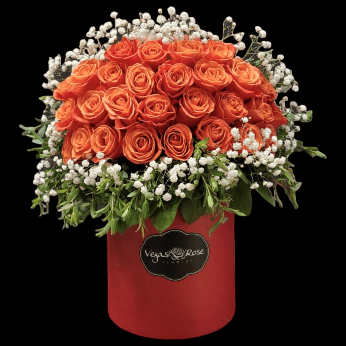 ORANGE ROSES WITH BABY BREATH IN ANY BOX