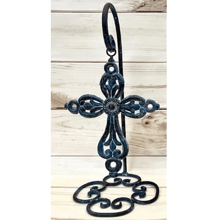 Blue Metal Filigree Cross on Hanging Stand