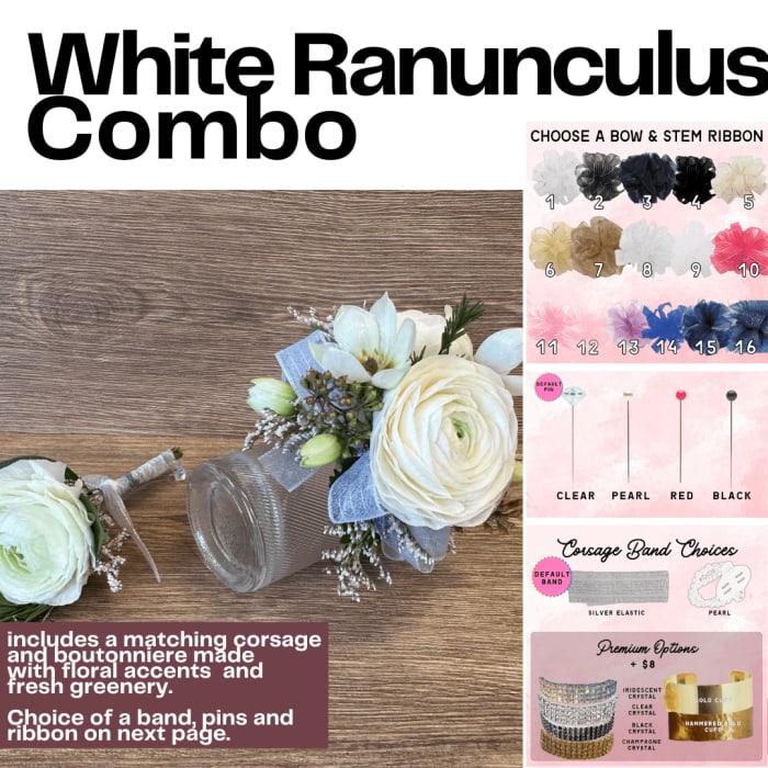 White Ranunculus Boutonniere + Corsage