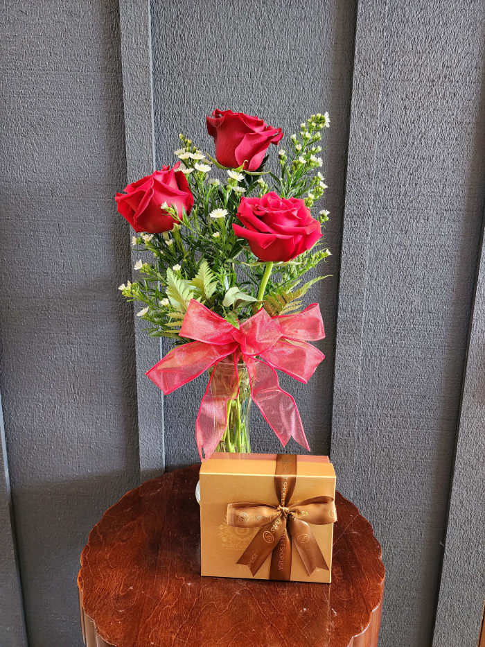 Three Rose Bud Vase and Truffles