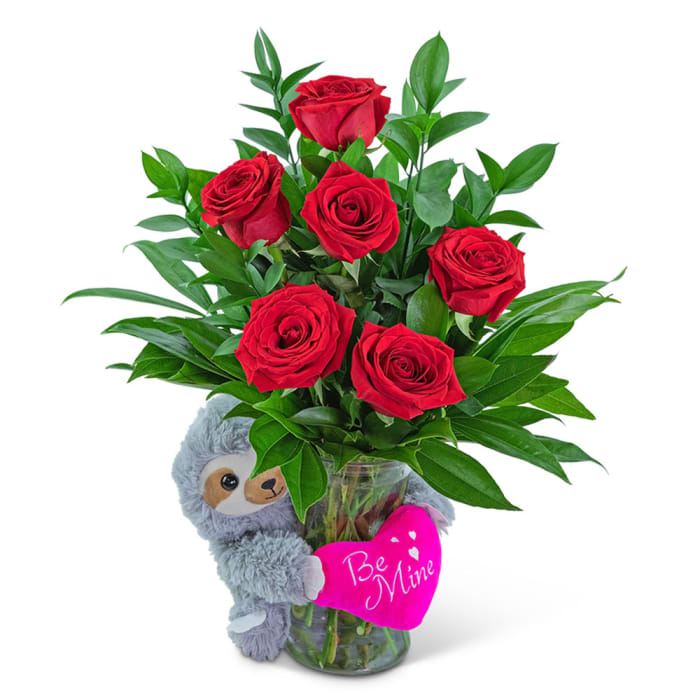 Be Mine Classic Six Red Roses with Sloth