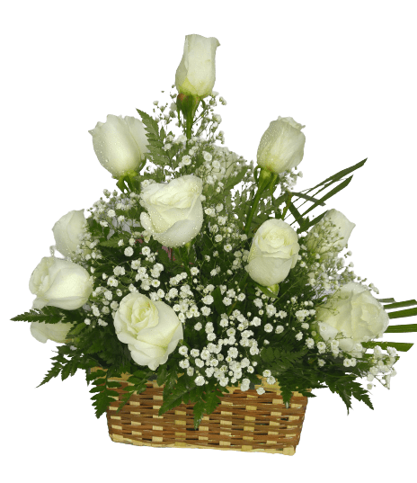One Dozen White Roses in Basket
