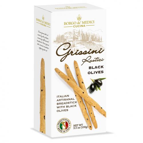 Italian artisanal breadsticks with black olives