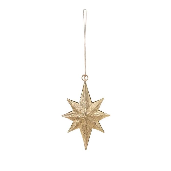 Embossed Metal Two-Sided Star Ornament, Antique Brass Finish