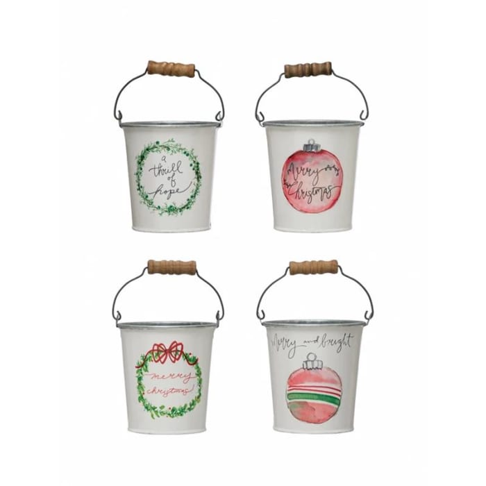 Metal Bucket with Handle, Holiday Image and Saying