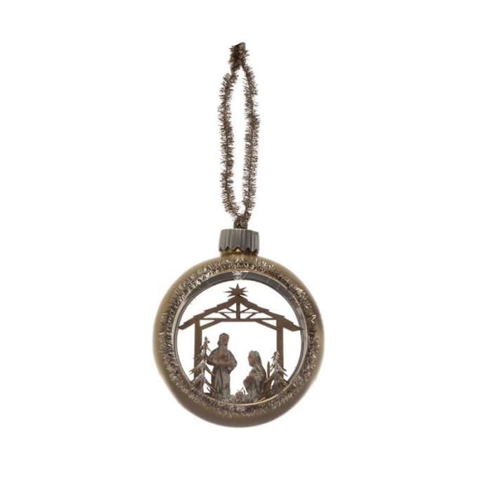Round Glass Ball Ornament with Interior Nativity Scene and Tinsel, Gold Finish