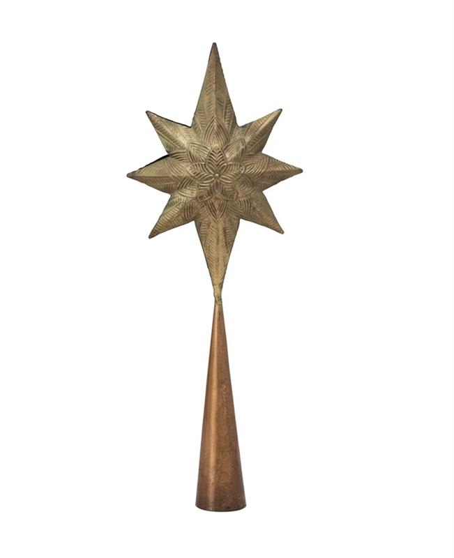 Embossed Metal Two-Sided Star Tree Topper, Antique Brass Finish