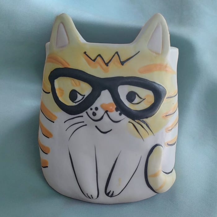 Cat w/Glasses  Plant Parent Buddies 4.7" H Ceramic Planter W/Drainage