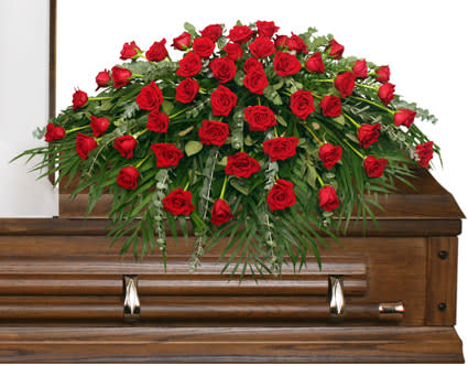 MAJESTIC RED CASKET SPRAY OF FUNERAL FLOWERS